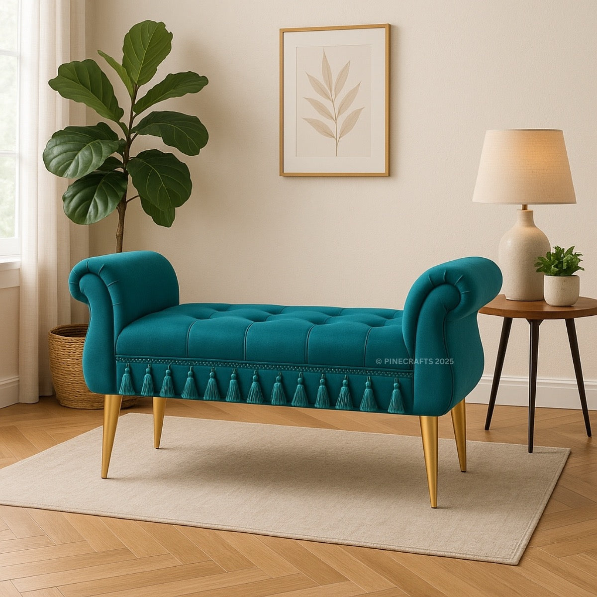 Teal bench with gold legs in a living room setting with a plant and lamp.